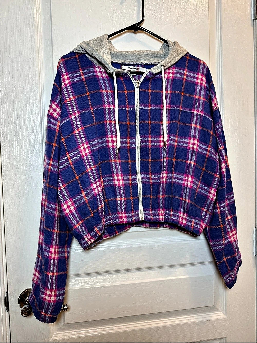 Miss Selfridge Plaid Cropped Zip Up Hoodie Blue Pink Size L Y2K